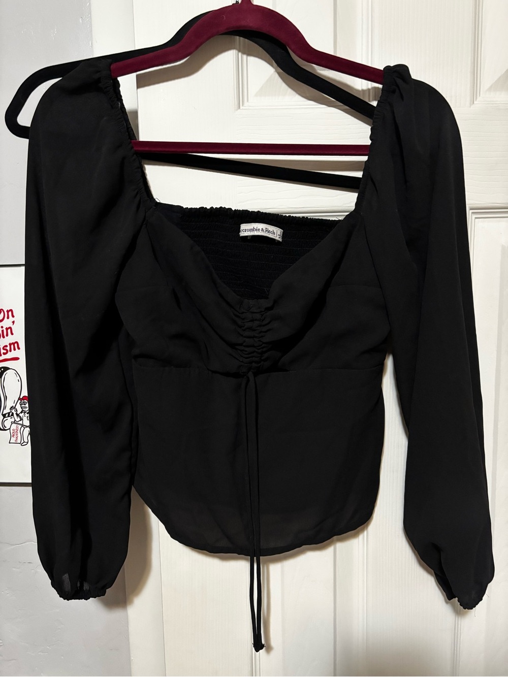 Abercrombie & Fitch Black Long-Sleeve Ruched Peasant Blouse